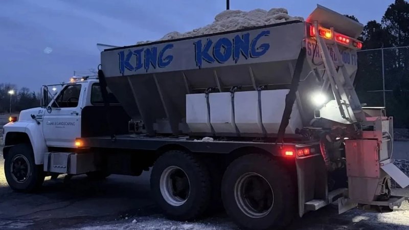 King Kong, a high-capacity Clear Landscaping salt truck loaded and staged before a storm