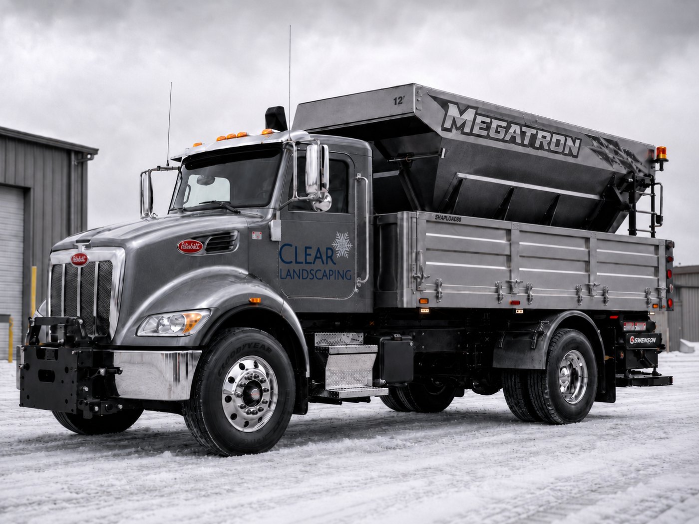 Megatron, Clear Landscaping’s Peterbilt hooklift truck fitted with a 12-foot high-capacity spreader body